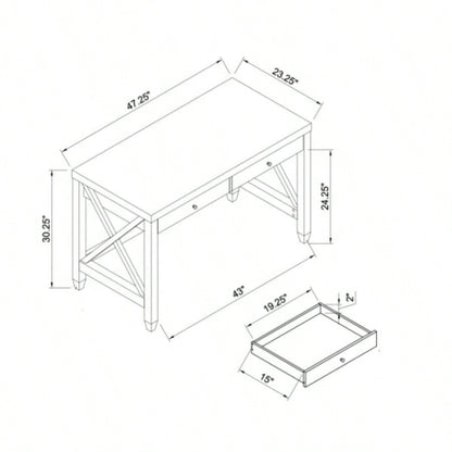 Home office desk writing table two drawers wooden knob handles finished on back X brace leg frame