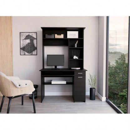 Compu Hutch Desk, Keyboard Tray, Door Panel CPU, Multiple Shelves, One Drawer, Black