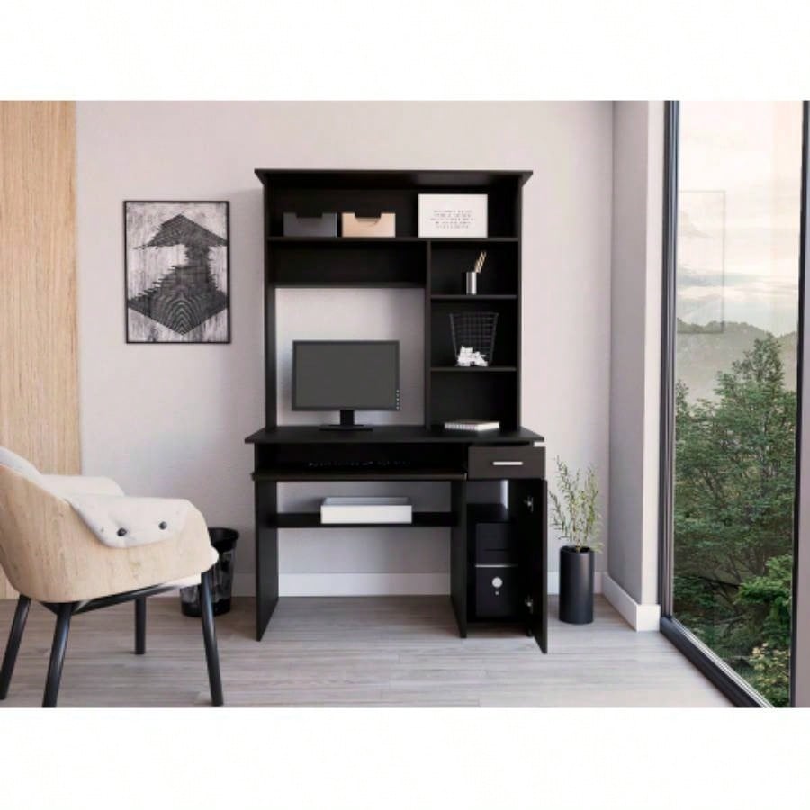 Compu Hutch Desk, Keyboard Tray, Door Panel CPU, Multiple Shelves, One Drawer, Black