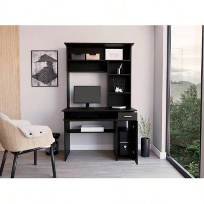 Compu Hutch Desk, Keyboard Tray, Door Panel CPU, Multiple Shelves, One Drawer, Black