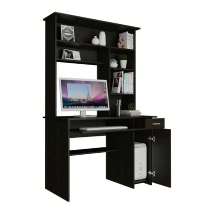 Compu Hutch Desk, Keyboard Tray, Door Panel CPU, Multiple Shelves, One Drawer, Black