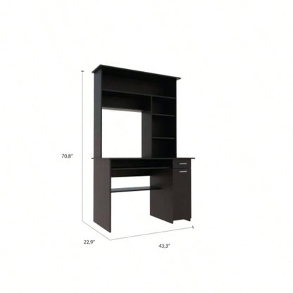 Compu Hutch Desk, Keyboard Tray, Door Panel CPU, Multiple Shelves, One Drawer, Black