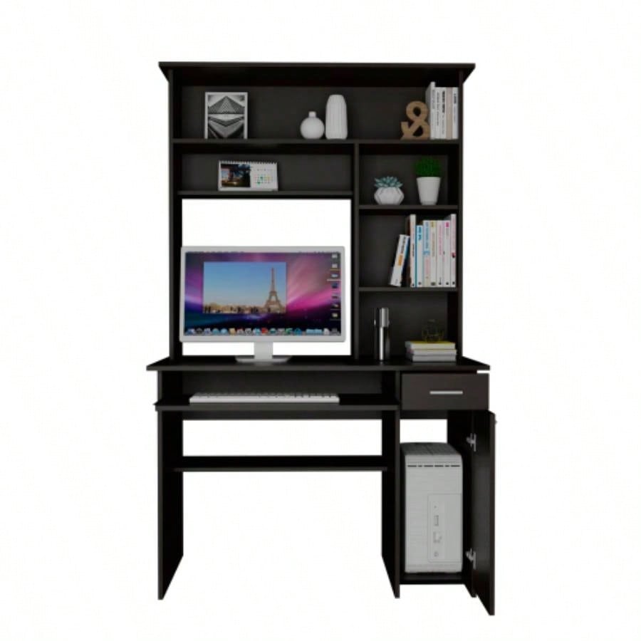 Compu Hutch Desk, Keyboard Tray, Door Panel CPU, Multiple Shelves, One Drawer, Black