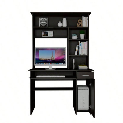Compu Hutch Desk, Keyboard Tray, Door Panel CPU, Multiple Shelves, One Drawer, Black
