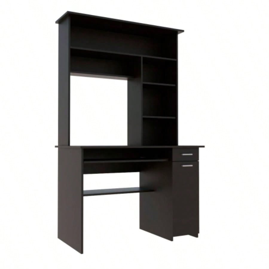 Compu Hutch Desk, Keyboard Tray, Door Panel CPU, Multiple Shelves, One Drawer, Black