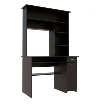 Compu Hutch Desk, Keyboard Tray, Door Panel CPU, Multiple Shelves, One Drawer, Black