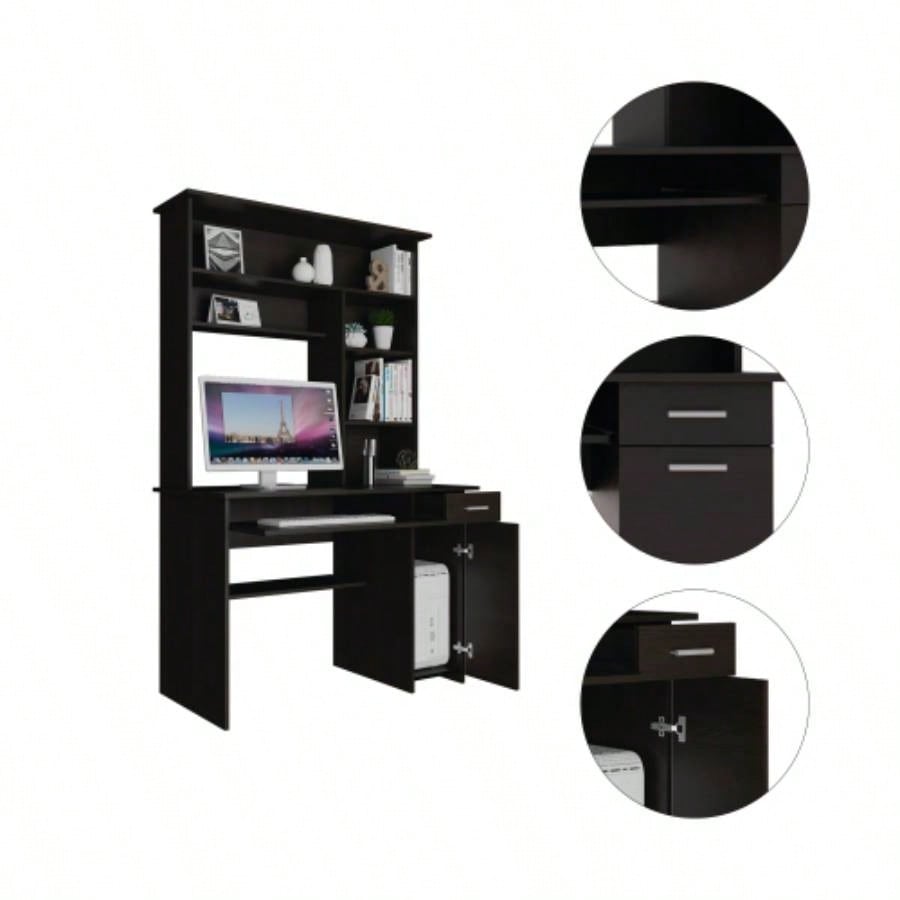 Compu Hutch Desk, Keyboard Tray, Door Panel CPU, Multiple Shelves, One Drawer, Black