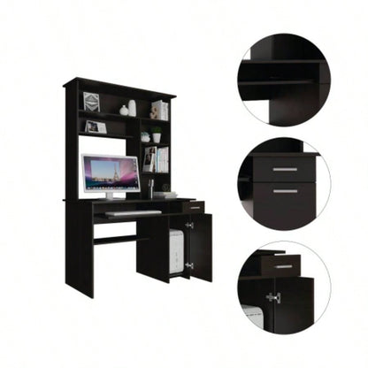 Compu Hutch Desk, Keyboard Tray, Door Panel CPU, Multiple Shelves, One Drawer, Black