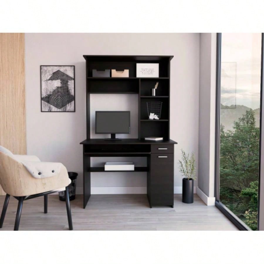 Compu Hutch Desk, Keyboard Tray, Door Panel CPU, Multiple Shelves, One Drawer, Black