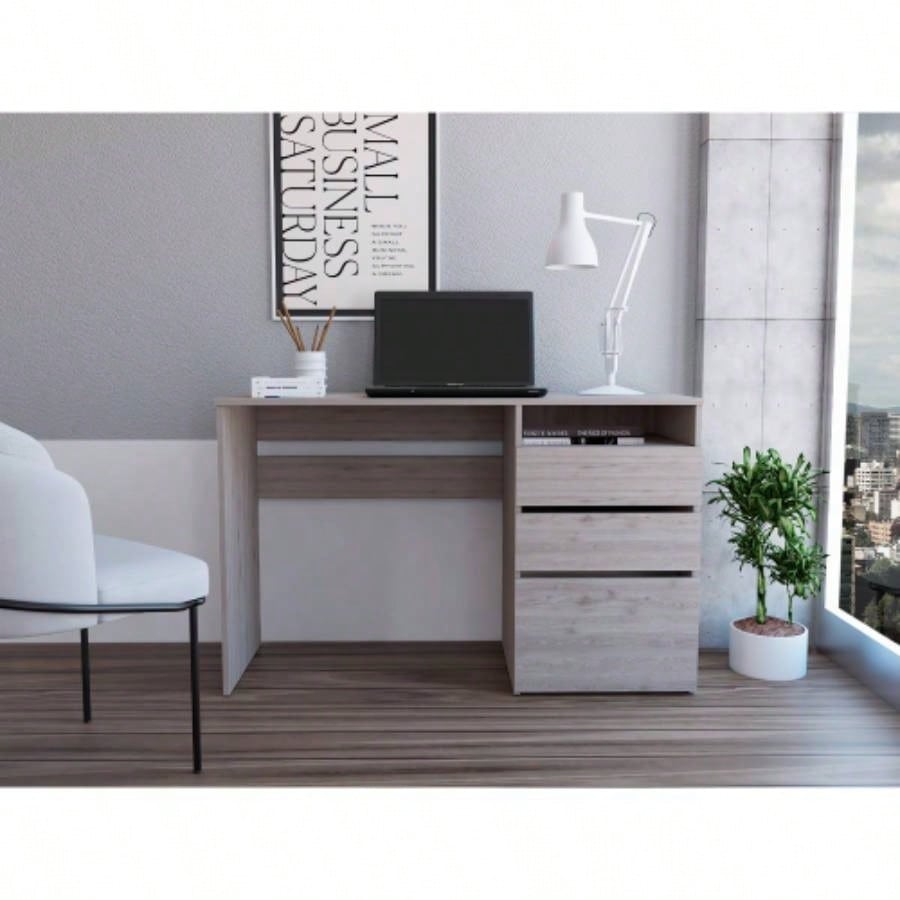 Computer Desk, 3 Drawers, One Shelf, Light Gray