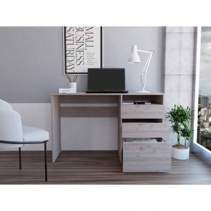 Computer Desk, 3 Drawers, One Shelf, Light Gray