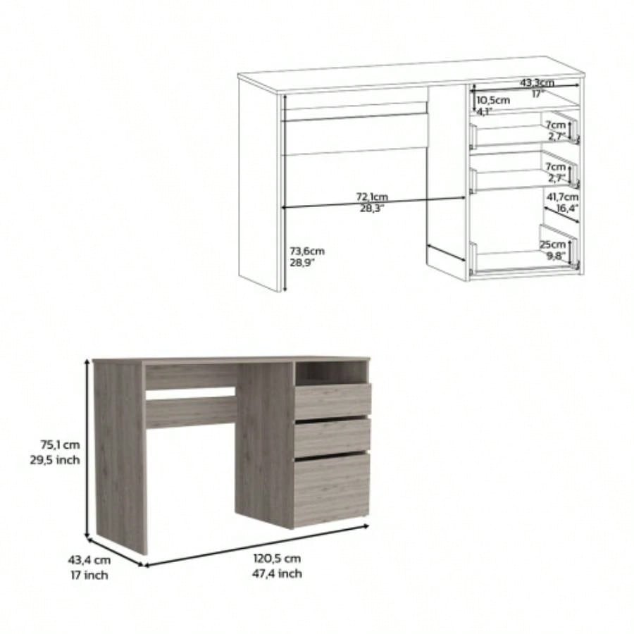 Computer Desk, 3 Drawers, One Shelf, Light Gray