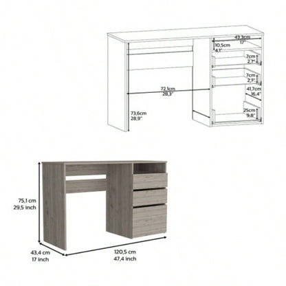 Computer Desk, 3 Drawers, One Shelf, Light Gray