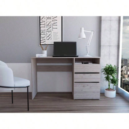 Computer Desk, 3 Drawers, One Shelf, Light Gray