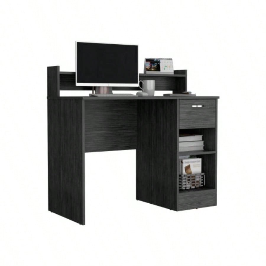 Computer Desk Delmar with Open Storage Shelves and Single Drawer, Smokey Oak