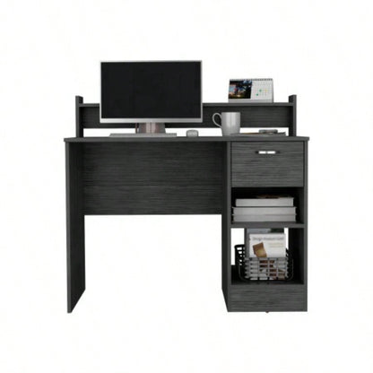 Computer Desk Delmar with Open Storage Shelves and Single Drawer, Smokey Oak