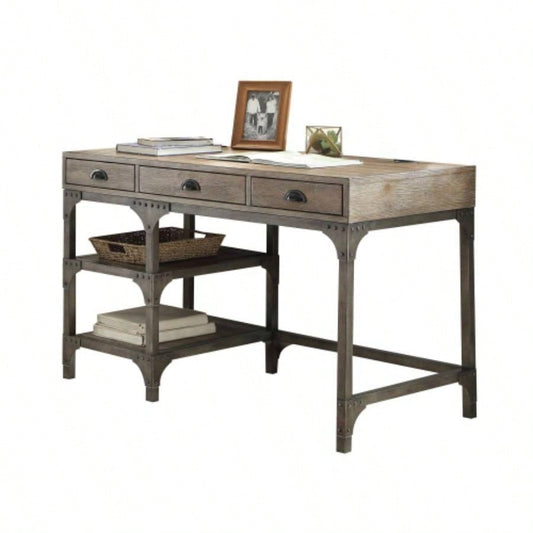 Gorden Weathered Oak Antique Silver Metal Writing Desk