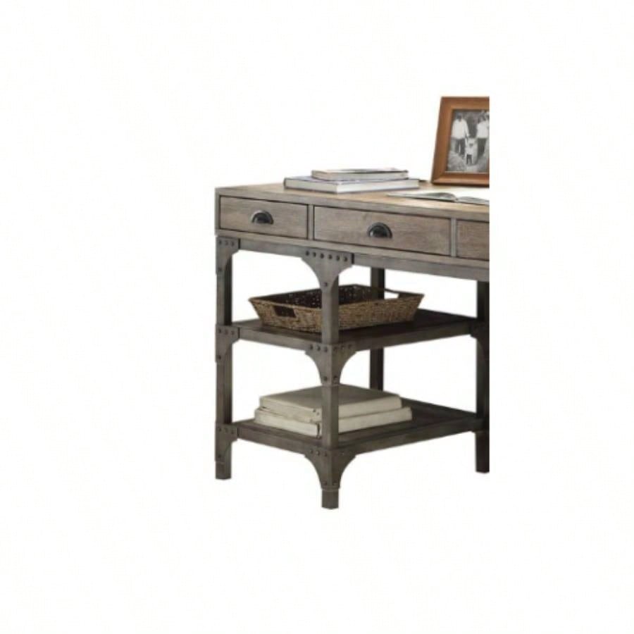 Gorden Weathered Oak Antique Silver Metal Writing Desk