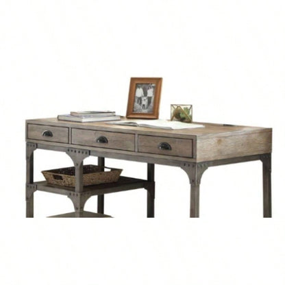 Gorden Weathered Oak Antique Silver Metal Writing Desk