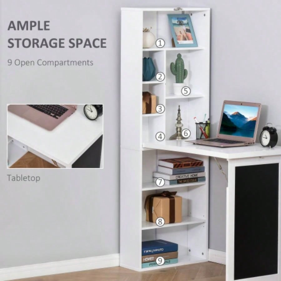 HOMCOM Fold - out Convertible Writing Table Wall Mount Desk Cabinet with Blackboard and Side Shelf Multi - Function Home Office Workstation, White