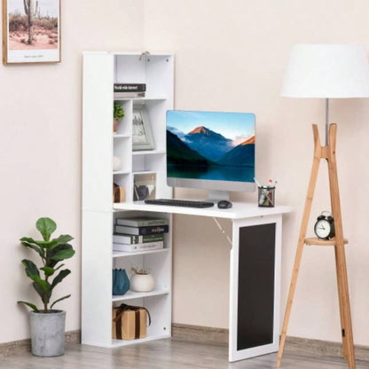 HOMCOM Fold - out Convertible Writing Table Wall Mount Desk Cabinet with Blackboard and Side Shelf Multi - Function Home Office Workstation, White