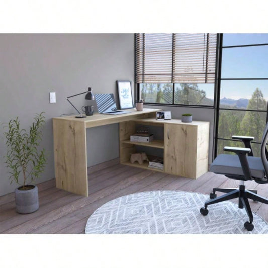 L - Shaped Desk, Single Door Cabinet, Two Open Shelves, Two Interior Shelves, Light Oak