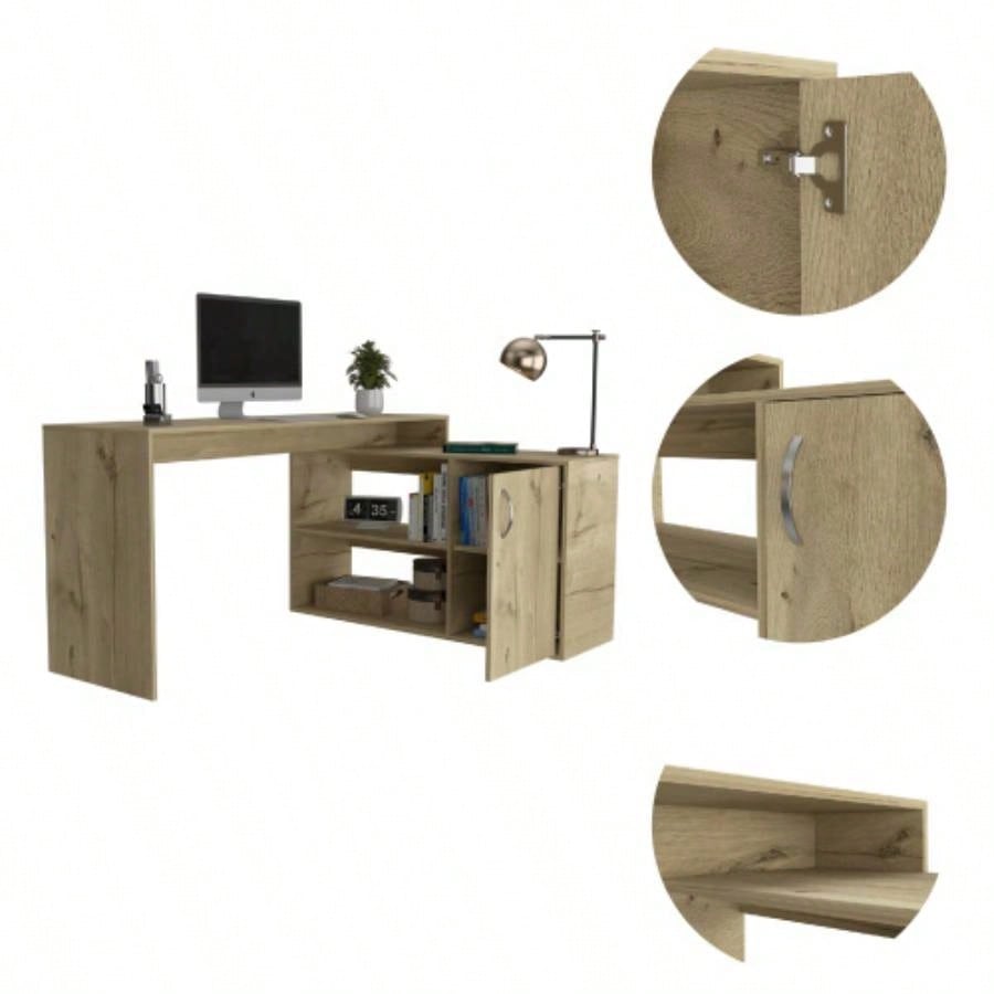 L - Shaped Desk, Single Door Cabinet, Two Open Shelves, Two Interior Shelves, Light Oak