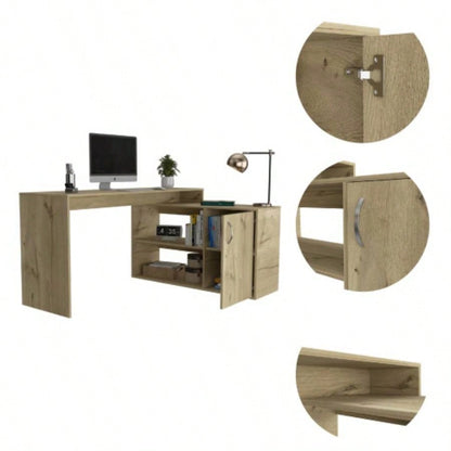 L - Shaped Desk, Single Door Cabinet, Two Open Shelves, Two Interior Shelves, Light Oak