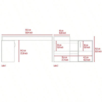 L - Shaped Desk, Single Door Cabinet, Two Open Shelves, Two Interior Shelves, Light Oak