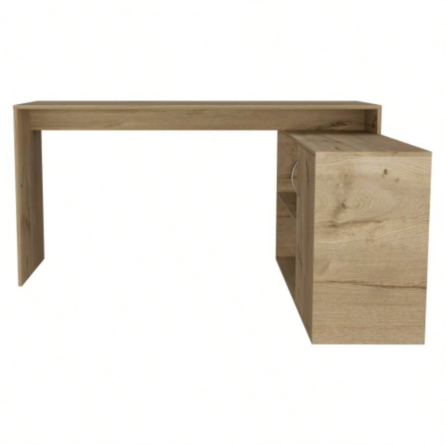 L - Shaped Desk, Single Door Cabinet, Two Open Shelves, Two Interior Shelves, Light Oak