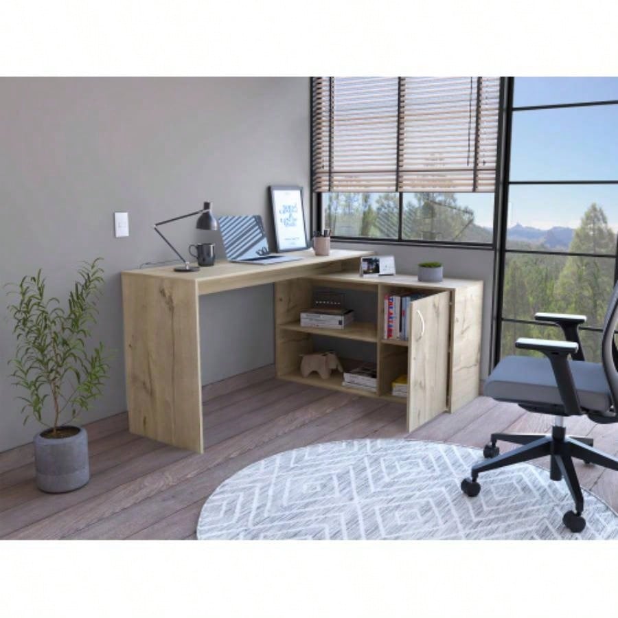 L - Shaped Desk, Single Door Cabinet, Two Open Shelves, Two Interior Shelves, Light Oak