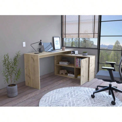 L - Shaped Desk, Single Door Cabinet, Two Open Shelves, Two Interior Shelves, Light Oak