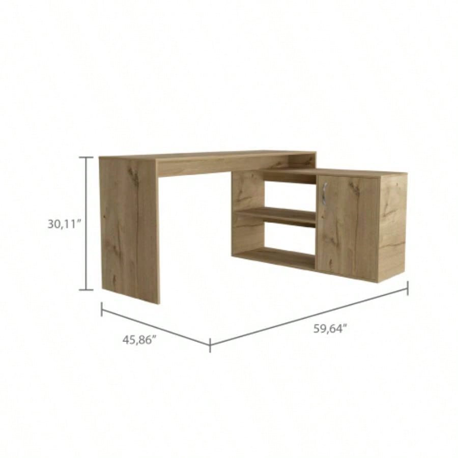 L - Shaped Desk, Single Door Cabinet, Two Open Shelves, Two Interior Shelves, Light Oak