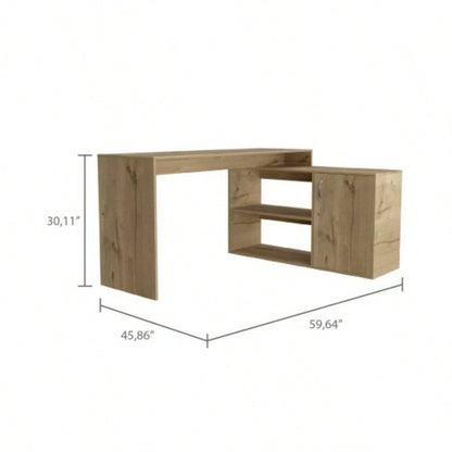 L - Shaped Desk, Single Door Cabinet, Two Open Shelves, Two Interior Shelves, Light Oak