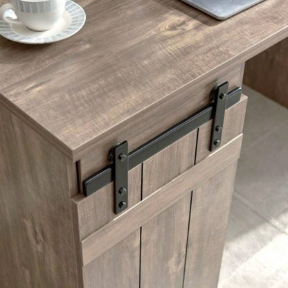 Home Office Desk Hazelnut One Cabinet Three Shelves Faux Barn Door on Metal Euro Hinges Modesty Panel