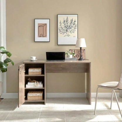 Home Office Desk Hazelnut One Cabinet Three Shelves Faux Barn Door on Metal Euro Hinges Modesty Panel