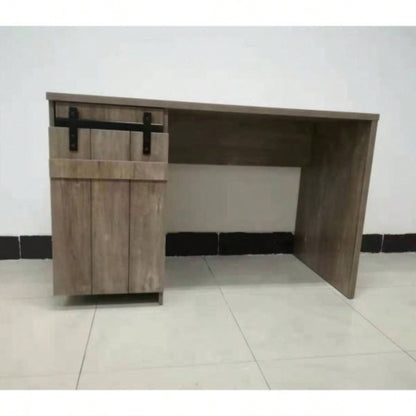 Home Office Desk Hazelnut One Cabinet Three Shelves Faux Barn Door on Metal Euro Hinges Modesty Panel