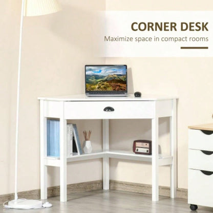 HOMCOM Corner Desk, Computer Desk with Drawer and Storage Shelves Small Spaces, Home Office Workstation Living Room, or Bedroom, White