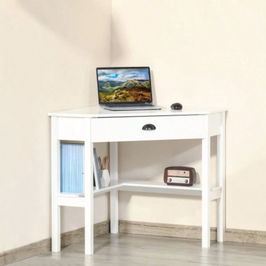 HOMCOM Corner Desk, Computer Desk with Drawer and Storage Shelves Small Spaces, Home Office Workstation Living Room, or Bedroom, White