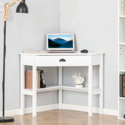 HOMCOM Corner Desk, Computer Desk with Drawer and Storage Shelves Small Spaces, Home Office Workstation Living Room, or Bedroom, White
