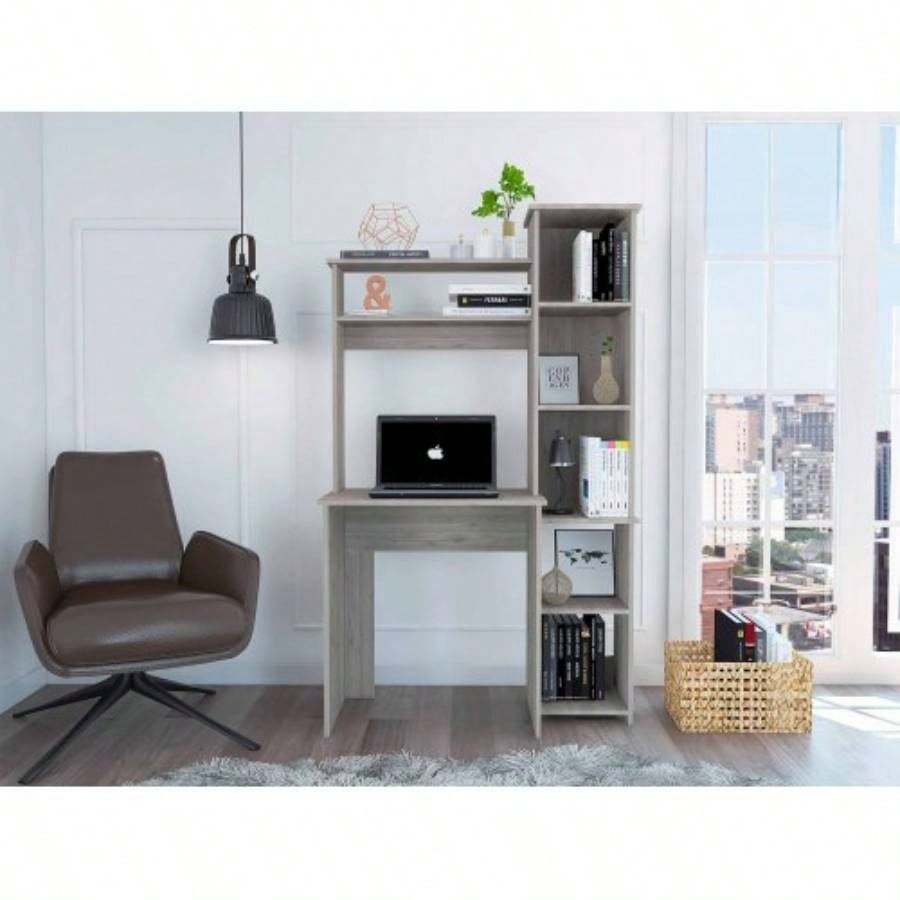 Light 6 - Shelf Writing Desk with Built - in Bookcase