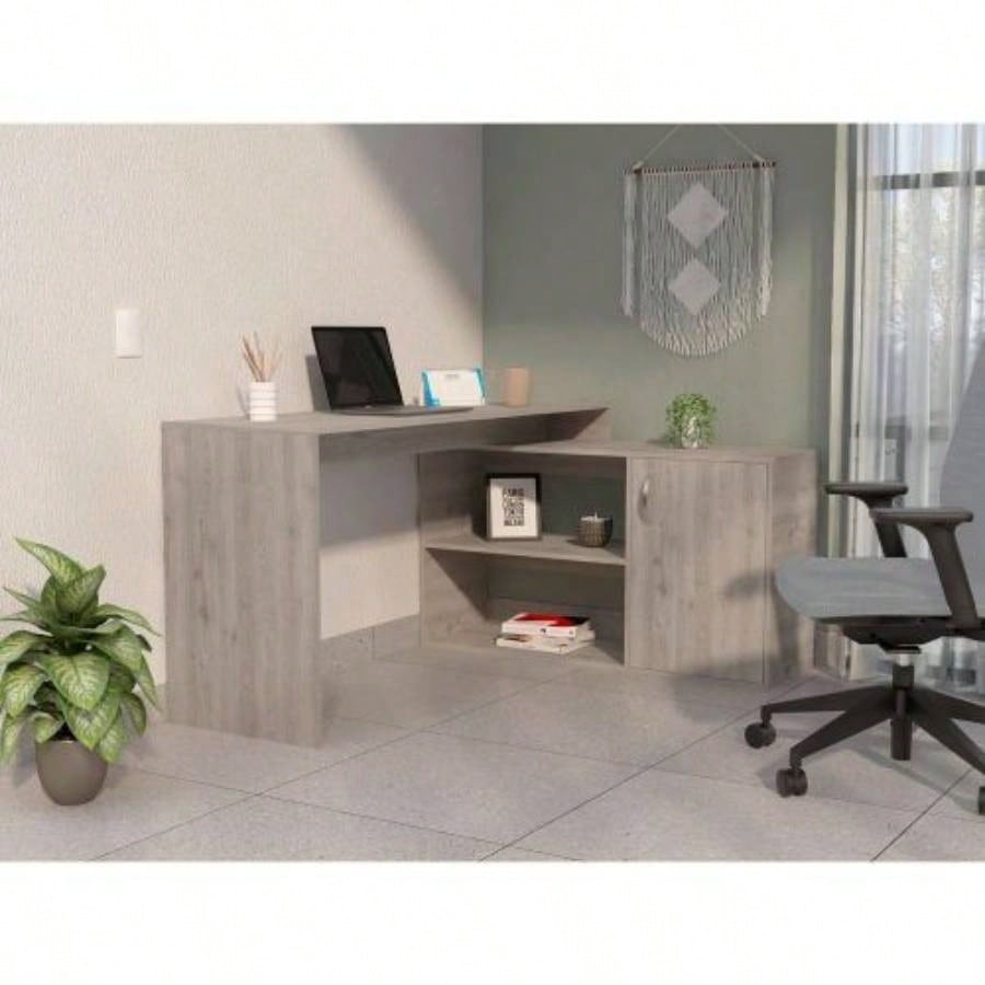 Ridley 2 - Shelf L - Shaped Writing Desk Light Gray