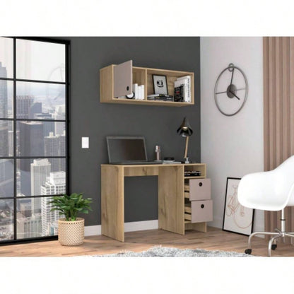 Light Oak and Taupe 2 - Shelf 3 - Drawer 2 - Piece Office Set