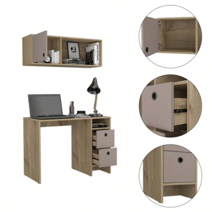 Light Oak and Taupe 2 - Shelf 3 - Drawer 2 - Piece Office Set