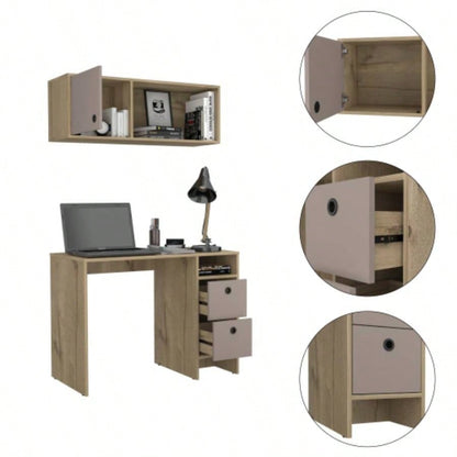 Light Oak and Taupe 2 - Shelf 3 - Drawer 2 - Piece Office Set