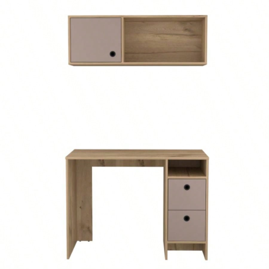 Light Oak and Taupe 2 - Shelf 3 - Drawer 2 - Piece Office Set