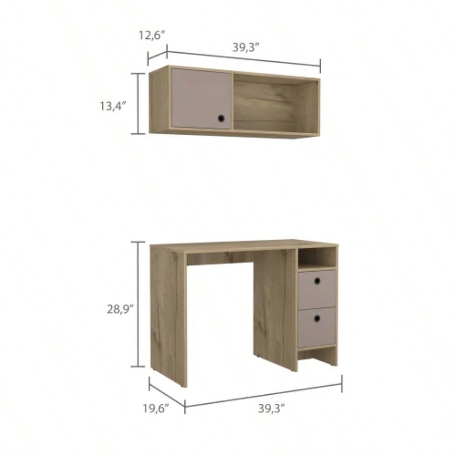Light Oak and Taupe 2 - Shelf 3 - Drawer 2 - Piece Office Set