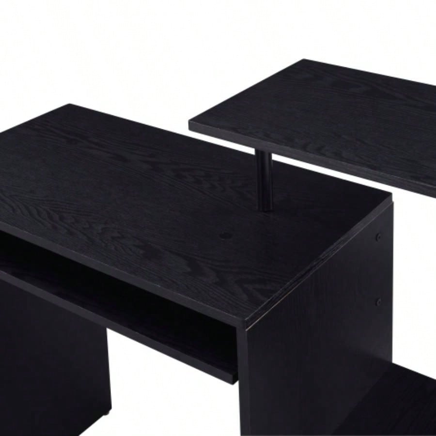 Black Computer Desk with Keyboard Tray and Open Shelving