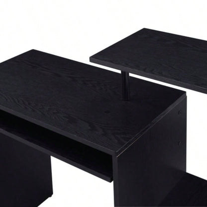 Black Computer Desk with Keyboard Tray and Open Shelving