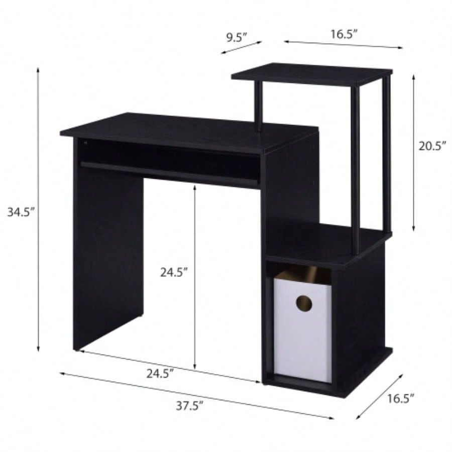 Black Computer Desk with Keyboard Tray and Open Shelving